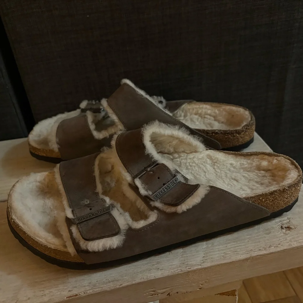 Birkenstock Arizona Shearling Suede Leather Stone Iron Sandals Sz. 44 US 11-11.5
